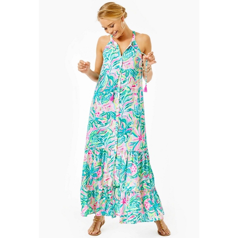 Lilly Pulitzer Maxi Dress Womens XS‎ Luliana Tiered Sleeveless Boho Tassel Flowy